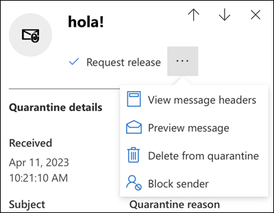 The details of a quarantined message with available actions highlighted