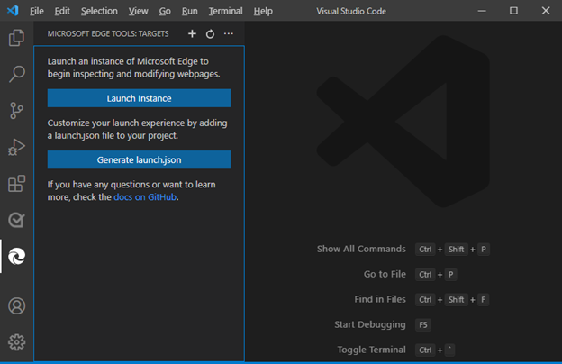The 'Microsoft Edge Tools: Targets' panel displays 'Launch Instance' and 'Generate launch.json' buttons.