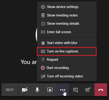 Screenshot showing the Turn on live captions option.