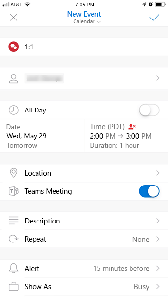 Screenshot of Teams Meeting add-in in Outlook mobile.