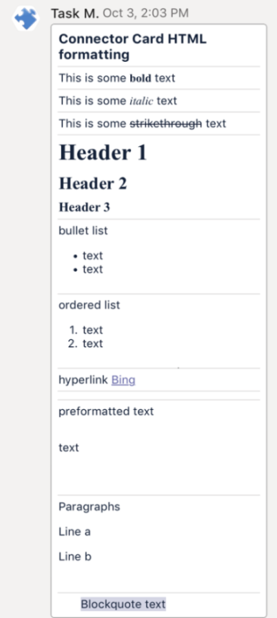 Screenshot shows Markdown formatting for connector cards in Teams iOS client.