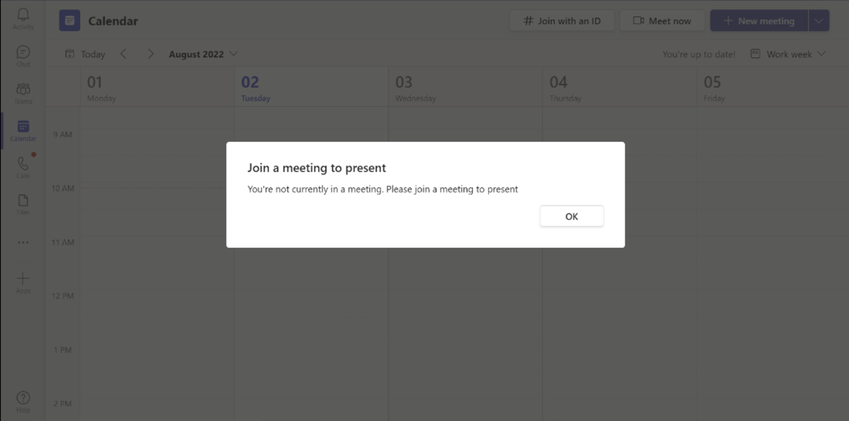 The screenshot is an example that shows a pop-up window when there's no ongoing meeting.