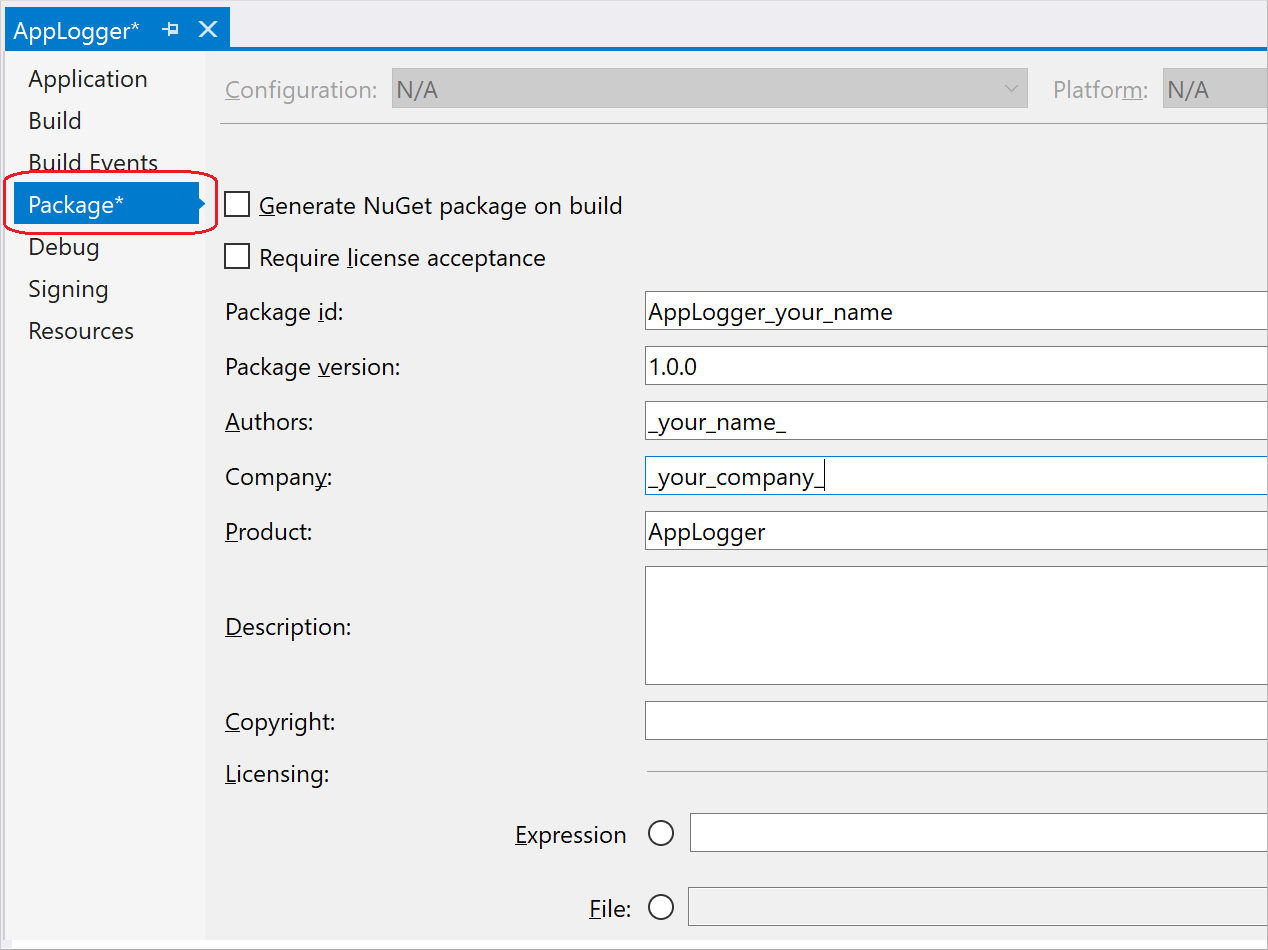 NuGet package properties in a Visual Studio project