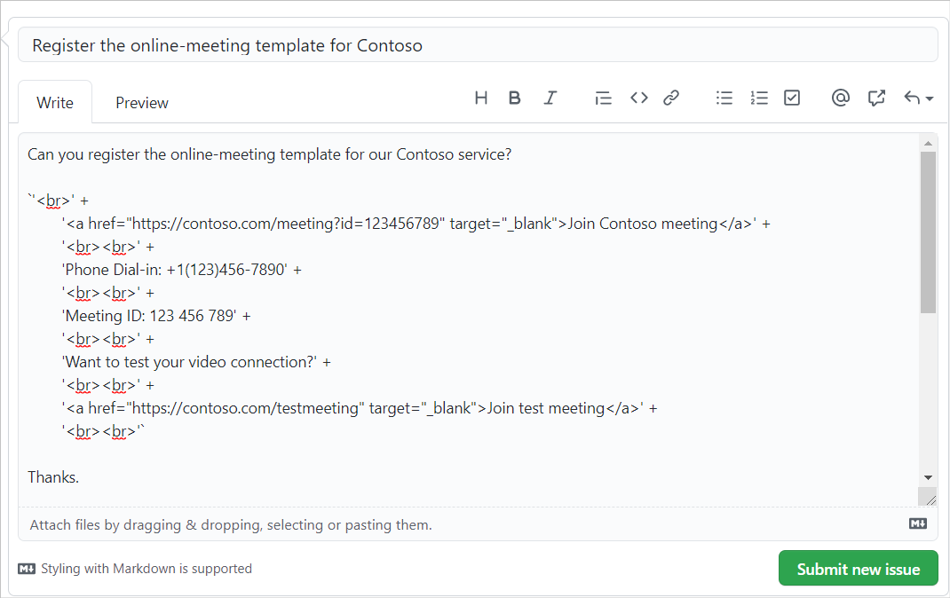 A new GitHub issue screen with Contoso sample content.