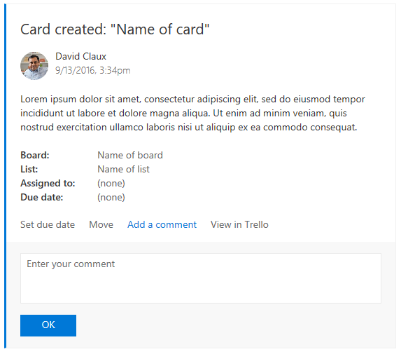 An example Trello card with an action card expanded.