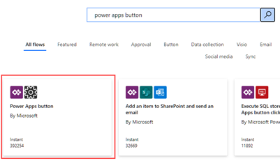 A screenshot of the Power Automate template page, with the Power Apps button template selected.
