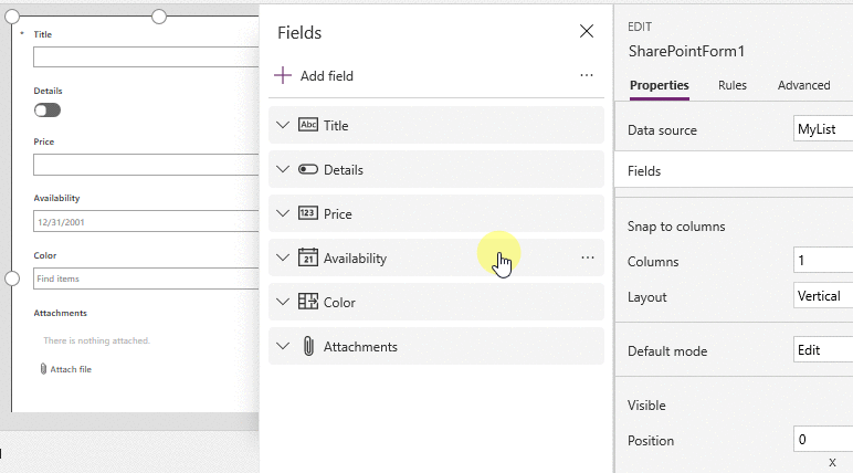 Drag the Availability field to the bottom of the list of fields. Hover over the Attachments field, select the ellipsis (...) that appears, and then select Remove.