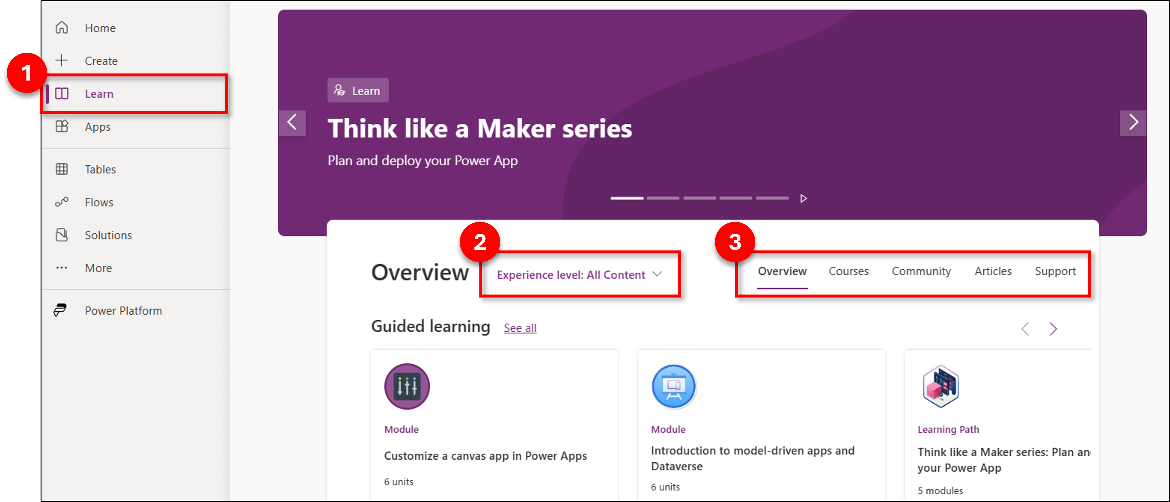 Screenshot of the Learn hub in Power Apps.