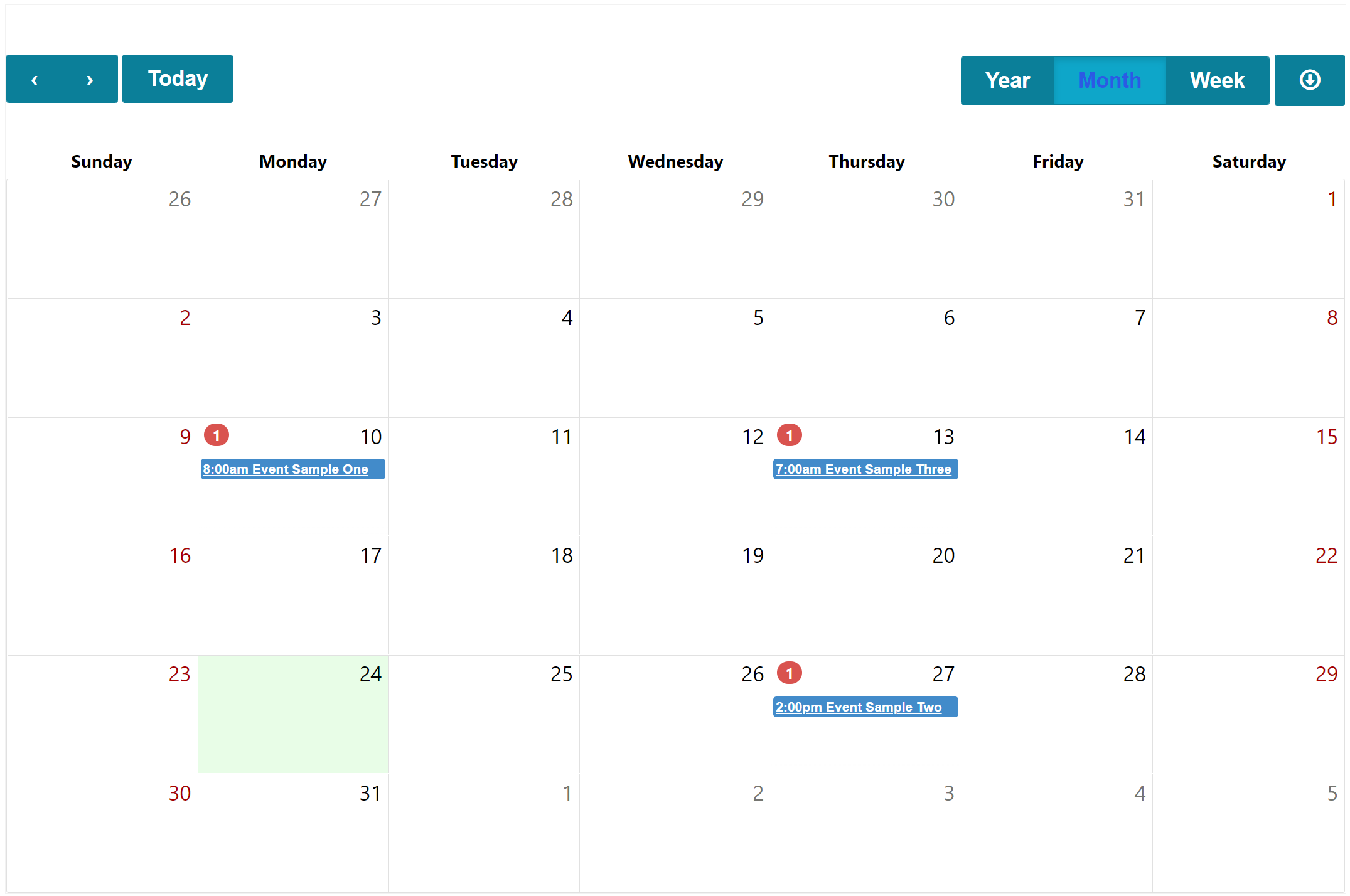 List displayed as a calendar on a web page.