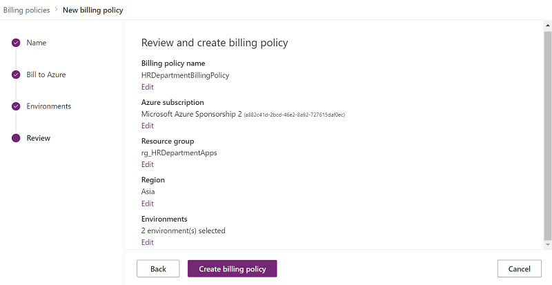 Review and create the billing policy