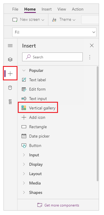 Using the Insert tool pane to add a vertical gallery control.