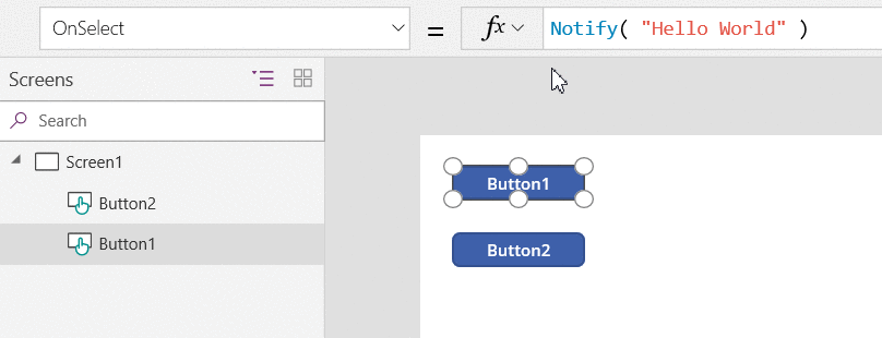 An animation that shows the OnSelect property settings for the two buttons and the notification when the second button is clicked.
