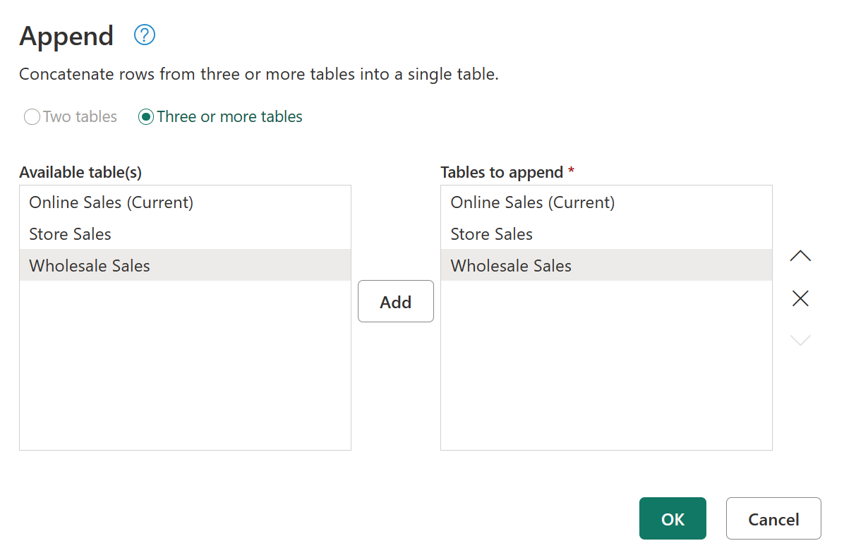 Screenshot of the append dialog using three or more tables mode.