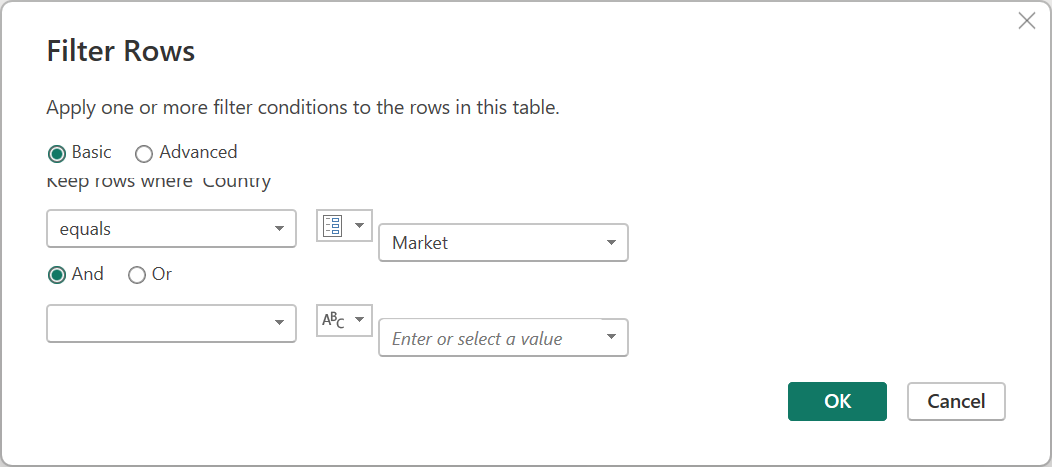 Screenshot of the filter rows dialog with the Filter Country column using the new Market parameter.