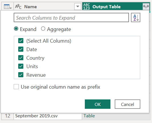 Screenshot of the expanded output table dialog with all of the table columns selected.