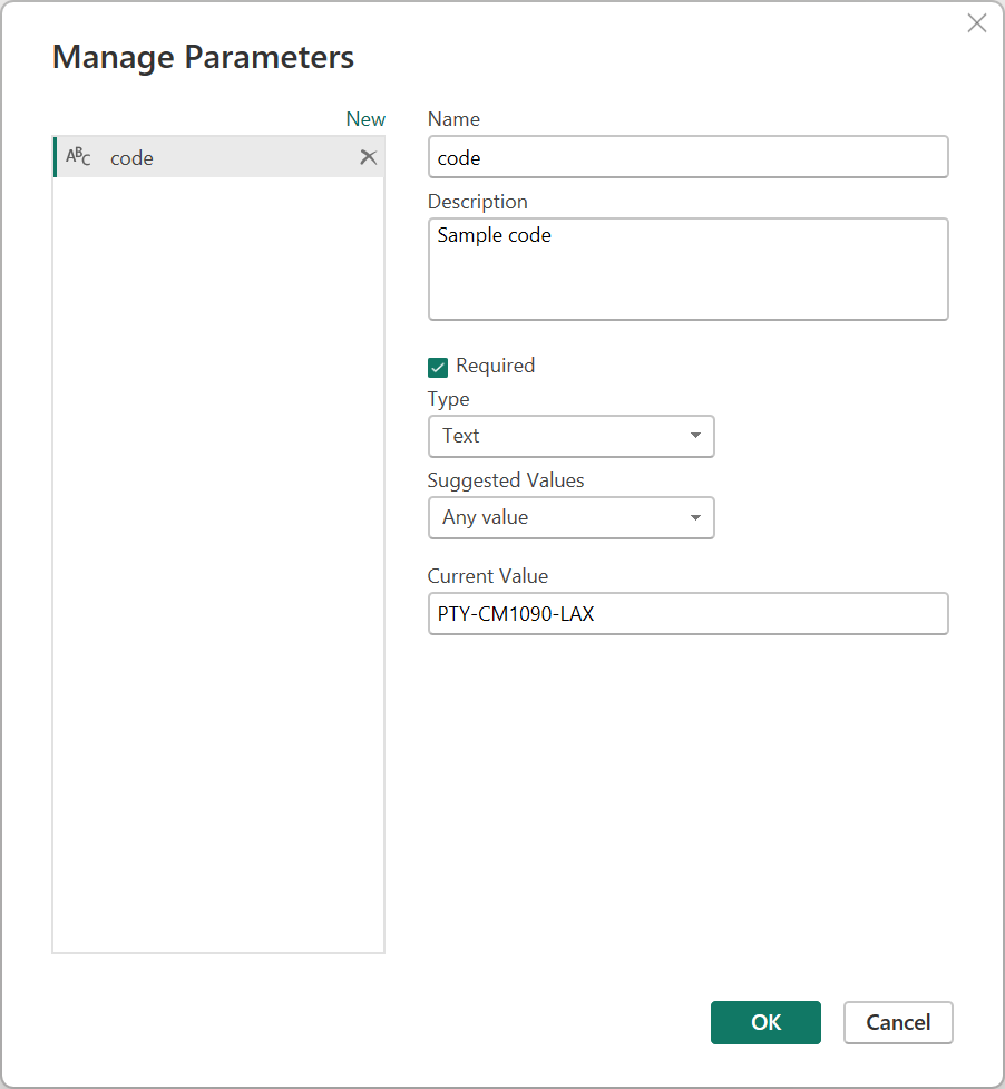 Screenshot of the Manage Parameters dialog with the sample parameter code values entered.