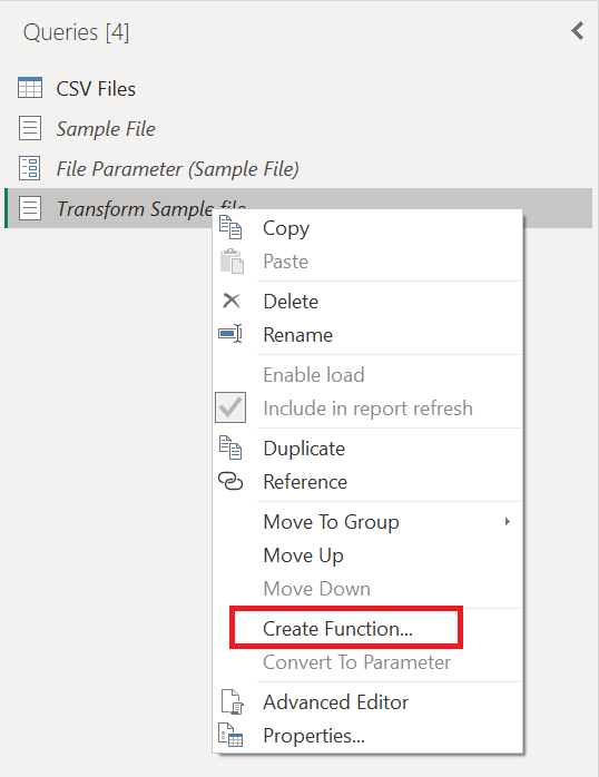 Screenshot of the Create function option used for the Transform Sample file query.