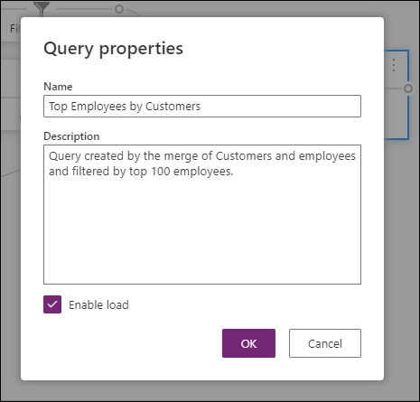 Query properties window for the Top Employees by Customers query with a custom Description.