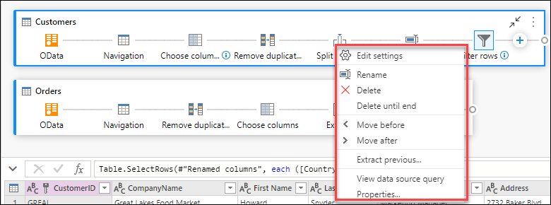 Step level actions displaying in the contextual menu after right clicking a step.
