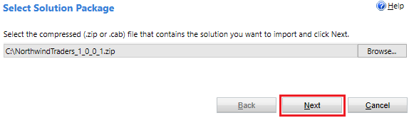 Select Solution Package page after package is selected.