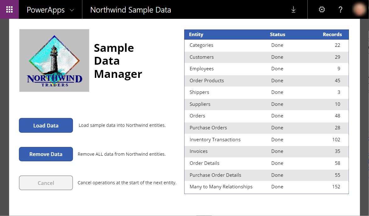 Sample Data Manager after data is loaded.