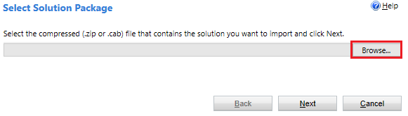 Select Solution Package page before package is selected.