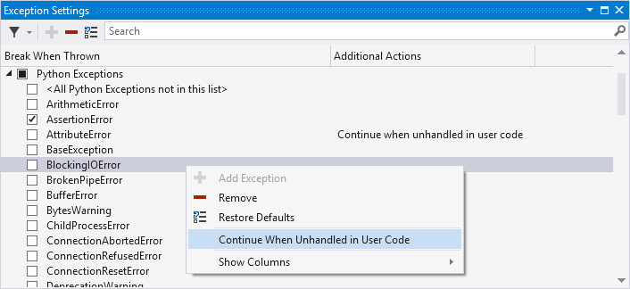 Exceptions window in the Visual Studio debugger