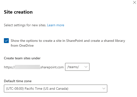 Site creation settings in the new SharePoint admin center
