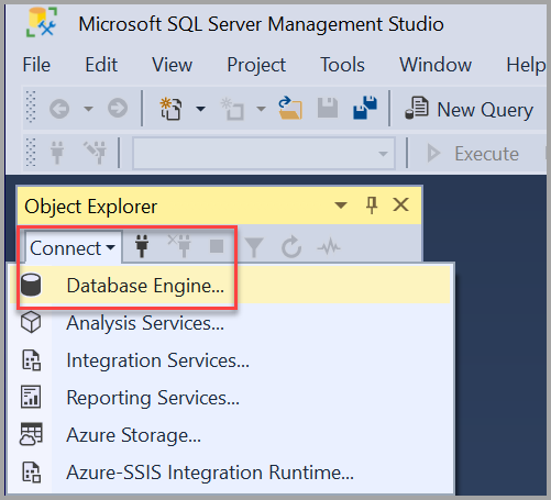 Screenshot of the connect link in Object Explorer.