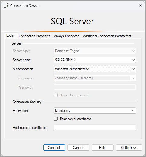 Screenshot of connection dialog for SQL Server.