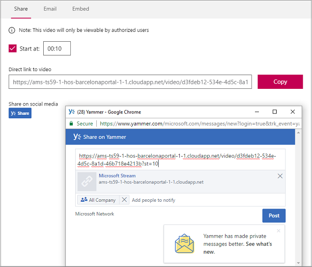 Screenshot of the Share dialog showing the option to share on Yammer.