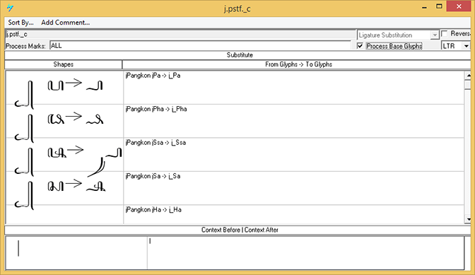 Screenshot that shows the 'p s t f' feature used to substitute the post-base forms.