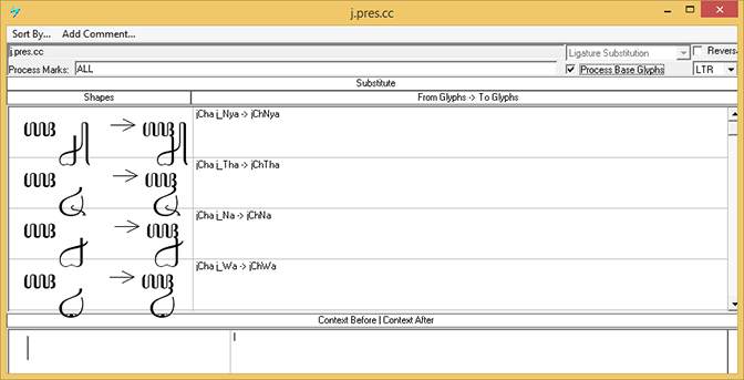 Screenshot that shows the 'pres' feature used to substitute presentation forms involving pre-base elements.