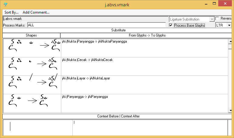 Screenshot that shows the 'a b v s' feature used to substitute presentation forms relating to above-base elements.
