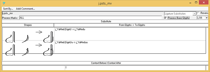 Screenshot that shows the 'p s t s' feature used to substitute presentation forms relating to post-base elements.