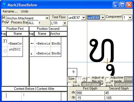 Screenshot that shows the 'mark' feature positions mark glyphs in relation to a base glyph, or a ligature glyph.