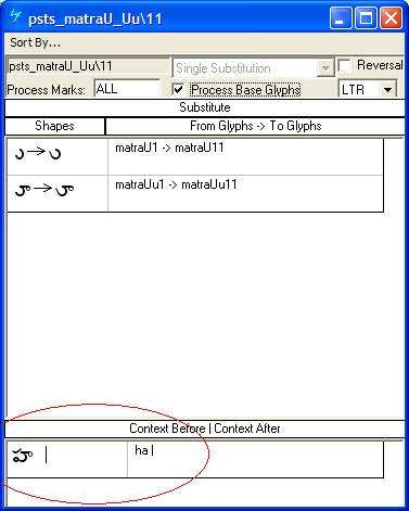 Screenshot of a Microsoft VOLT dialog for specifying single substitutions. Alternates of post base matra glypha are substituted. The Ha glyph is specified as a preceding context.