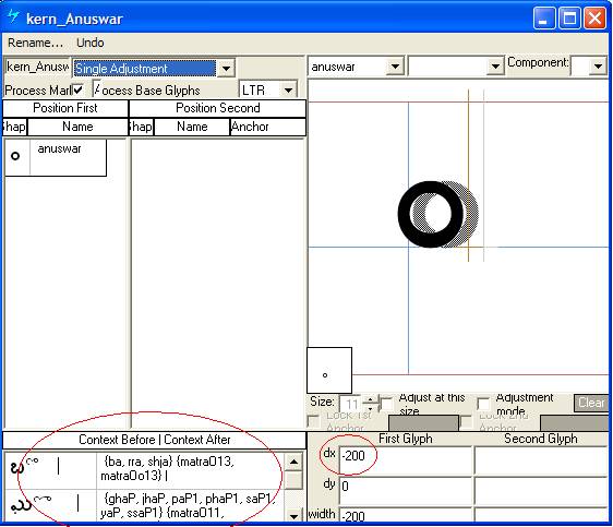 Screenshot of a dialog in Microsoft VOLT for specifying positioning adjustments. Single adjustment is selected as the lookup type. The anusvar glyph is shown with its position being adjusted to the left. Various glyph sequences are specified as preceding contexts.