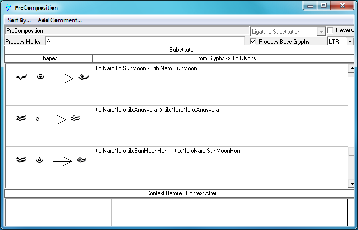 Screenshot of a Microsoft VOLT dialog for specifying ligature glyph substitutions. Pairs of glyphs are being substituted by single glyphs that combine both elements.