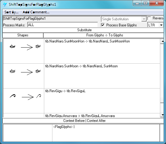 Screenshot of a Microsoft VOLT dialog for specifying single substitutions. Alternates of various above base glyphs are substituted. A glyph group called Flag Glyphs is specified as a preceding context.