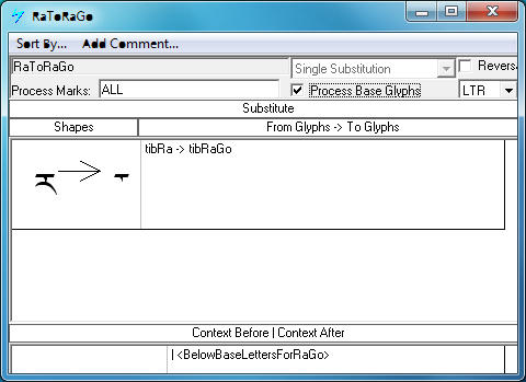 Screenshot of a Microsoft VOLT dialog for specifying single substitutions. The Ra glyph is substituted by a reduced form of Ra. A glyph group called Below Base Letters For Ra Go is specified as a following context.