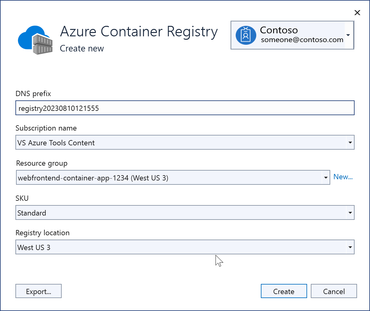 Screenshot showing a new Azure container registry that was just created.