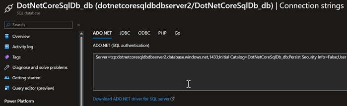 A screenshot showing how to retrieve the connection string.