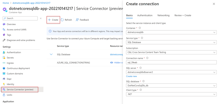 A screenshot showing how to use service connector.