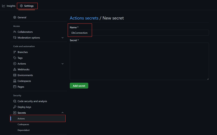 A screenshot showing how to create a GitHub secret.