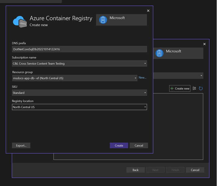 A screenshot showing how to create a new container registry.