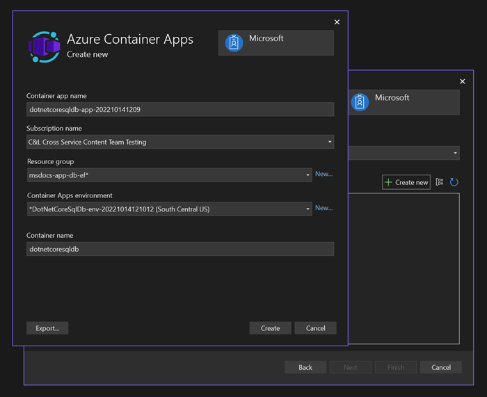 A screenshot showing how to create a container app.