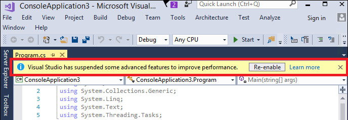 Screenshot that shows the alert warning that Visual Studio is minimizing analysis scope.