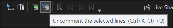 Screenshot of the Uncomment button in the Text Editor toolbar in Visual Studio 2022.