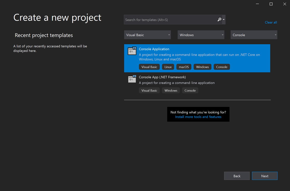 Screenshot showing the 'Create a new project' window with 'Visual Basic', 'Windows', and 'Console' selected in the Language, Platform, and Project Type filters and the Console Application project template selected.